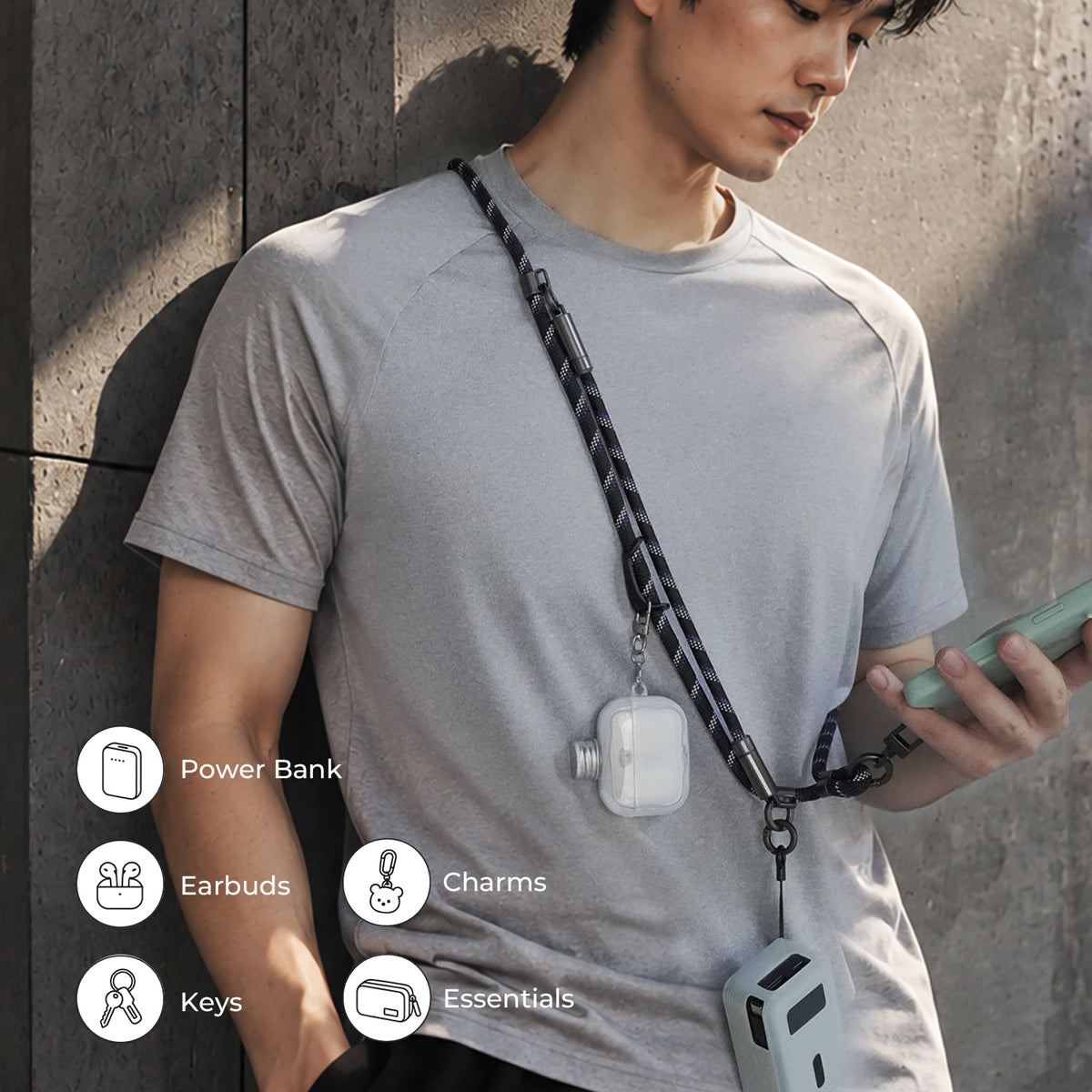EnergyFort adjustable phone lanyard hardware, reflective braid and detachable 30cm USB-C cable details