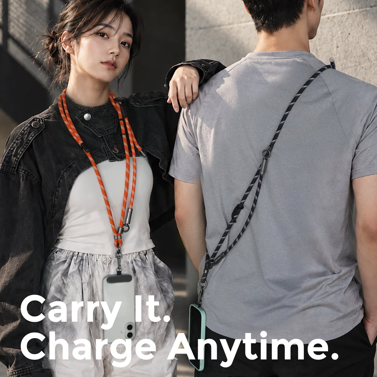 75 to 150cm adjustable phone lanyard shown as neck, crossbody and shoulder carry