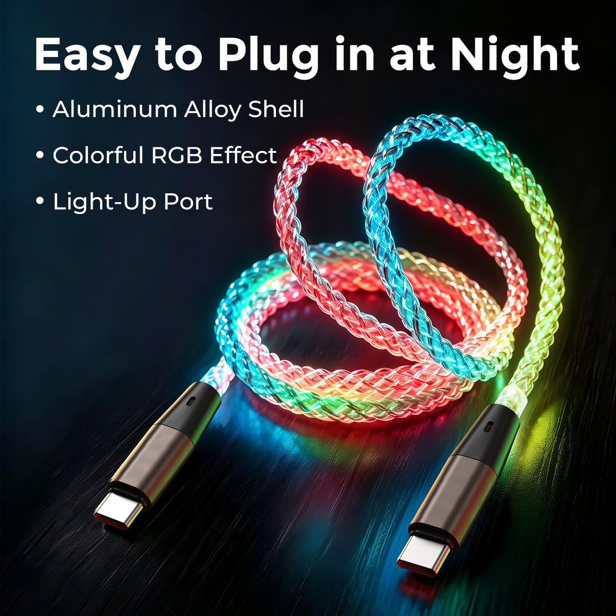 RGB light-up charging cable with aluminum alloy connector shells