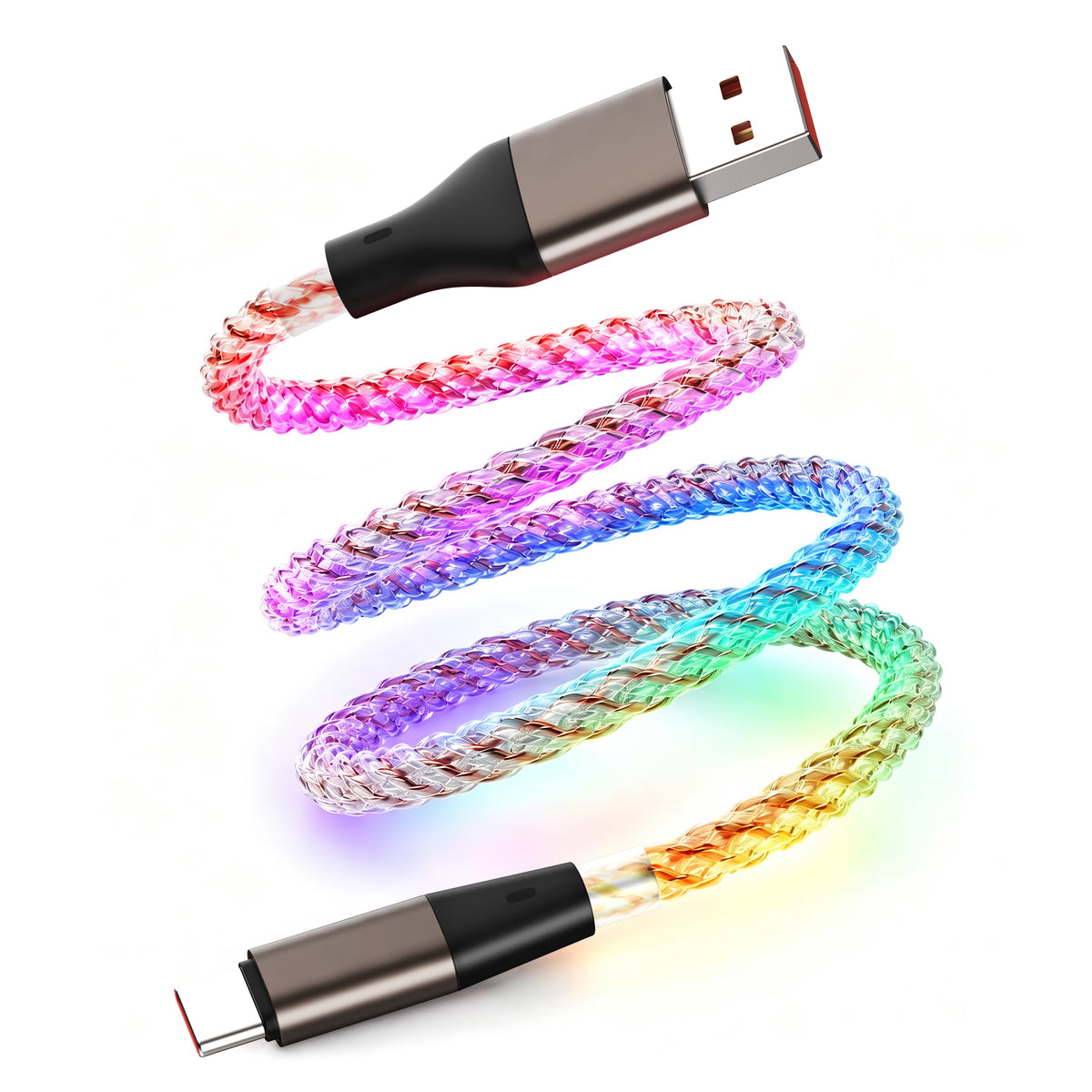 USB-A to USB-C RGB light-up charging cable on white background