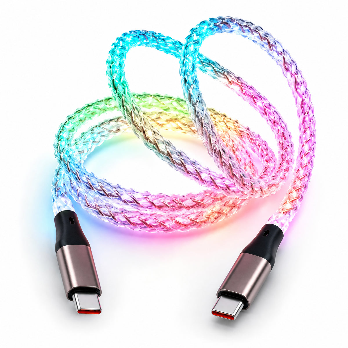 USB-C to USB-C RGB light-up charging cable on white background